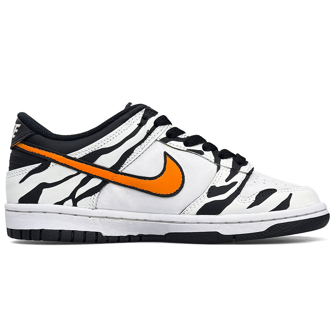 Custom Hand-Painted Nike Dunk Low - Zebra Print & Orange Swoosh - Tropical Streetwear Sneakers