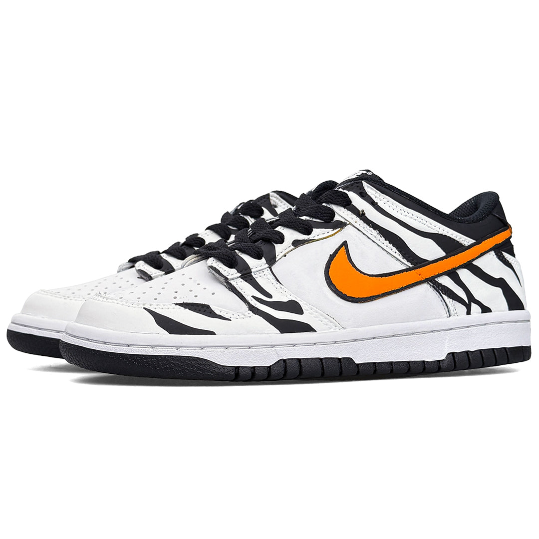 Custom Hand-Painted Nike Dunk Low - Zebra Print & Orange Swoosh - Tropical Streetwear Sneakers
