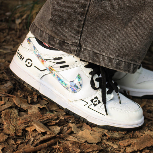 Custom Nike Dunk Low: Cyberpunk Mechanical Style Sneakers with Hand-Painted Detailing & Holographic Swoosh Logo