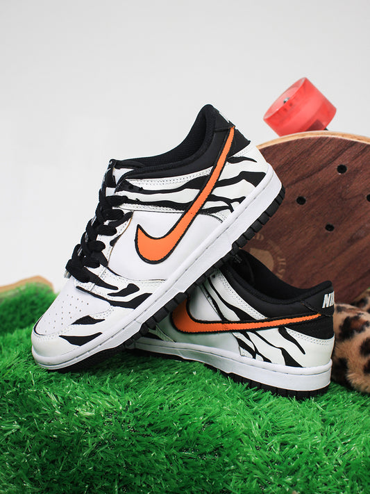 Custom Hand-Painted Nike Dunk Low - Zebra Print & Orange Swoosh - Tropical Streetwear Sneakers